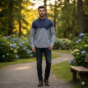 American Eagle Mens Size Medium Slim Fit Shirt Button Down Navy Grey Colorblock